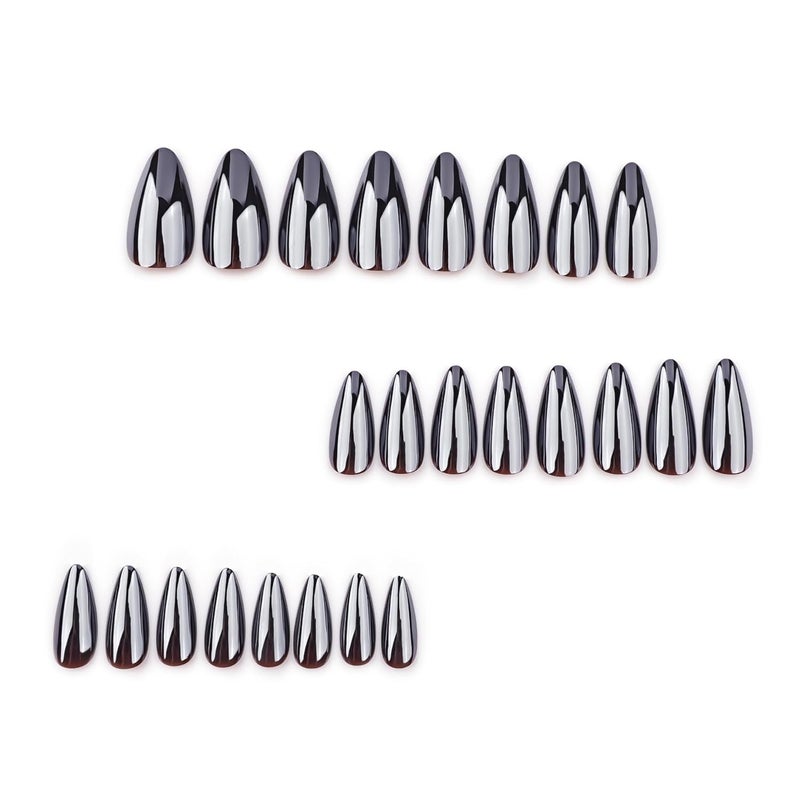 CTTHNBD Black Press on Nails Almond - Medium Fake Nails with Chrome Design - Glossy Full Cover Stick on False Nails for Women 24 Pcs - Image 2
